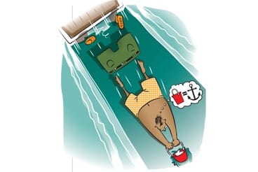 Illustration of an overboard boat rider