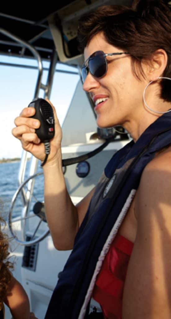 Woman speaking into a headset