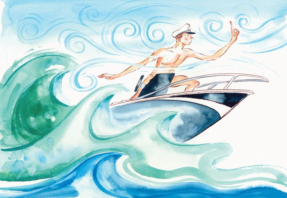 Illustration of boating captain on the water.