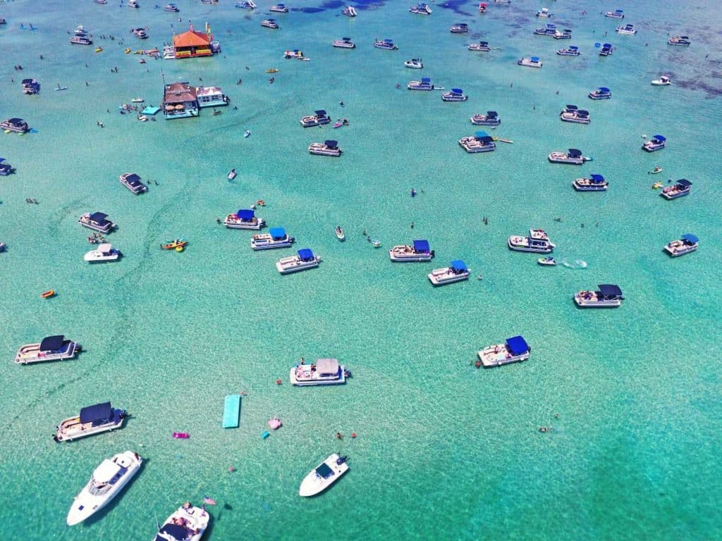 A crowd of boaters gather at a sandbar near Ft. Walton Beach, Florida.