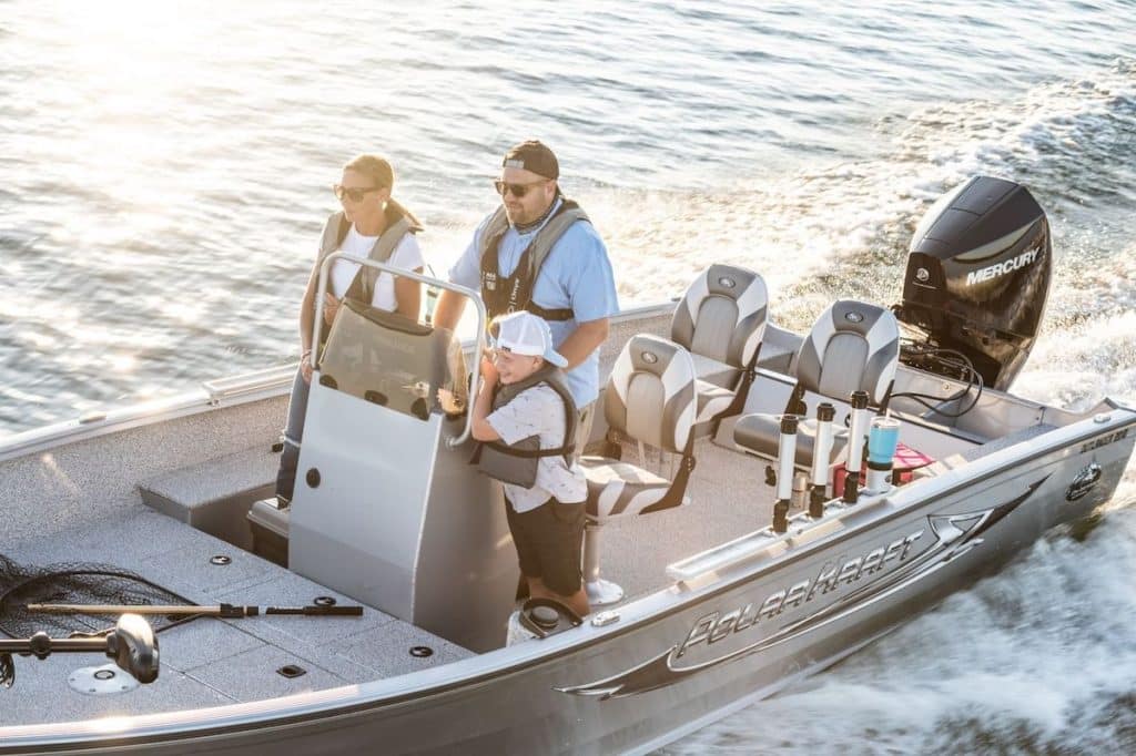 Family wearing life jackets on their boat