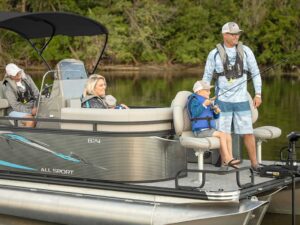 Fishing family wearing life jackets