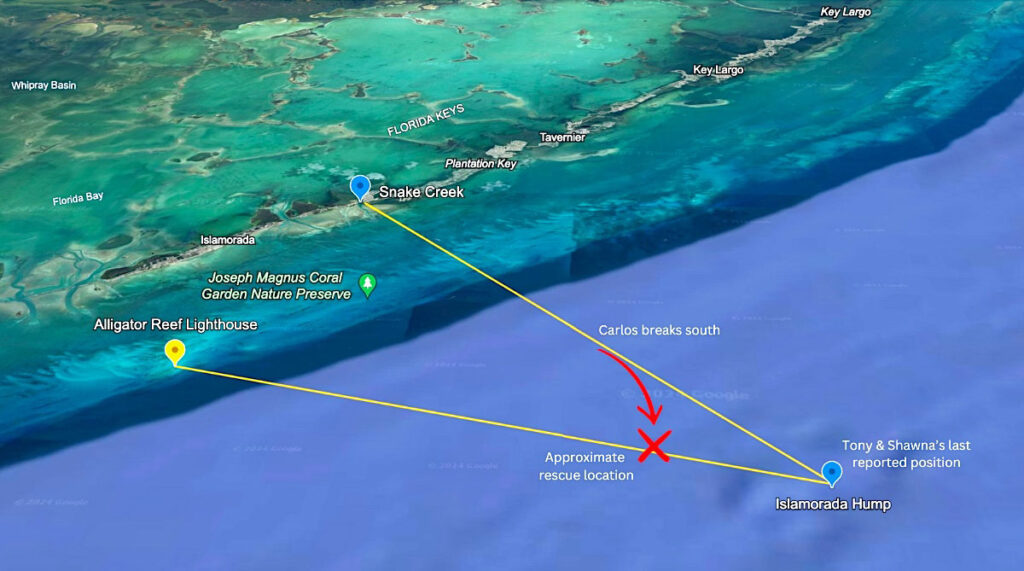 Map showing the route Carlos took for the rescue